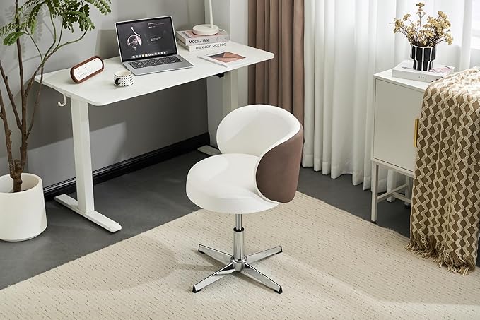 VINGLI Cute Small Swivel Desk Chair Comfy no Wheels,Ergonomic Low-Back Lumbar Support Vanity Nail Tech Computer Task Stool Chair for Home Office,Height Adjustable,PU Leather White&Suede Khaki