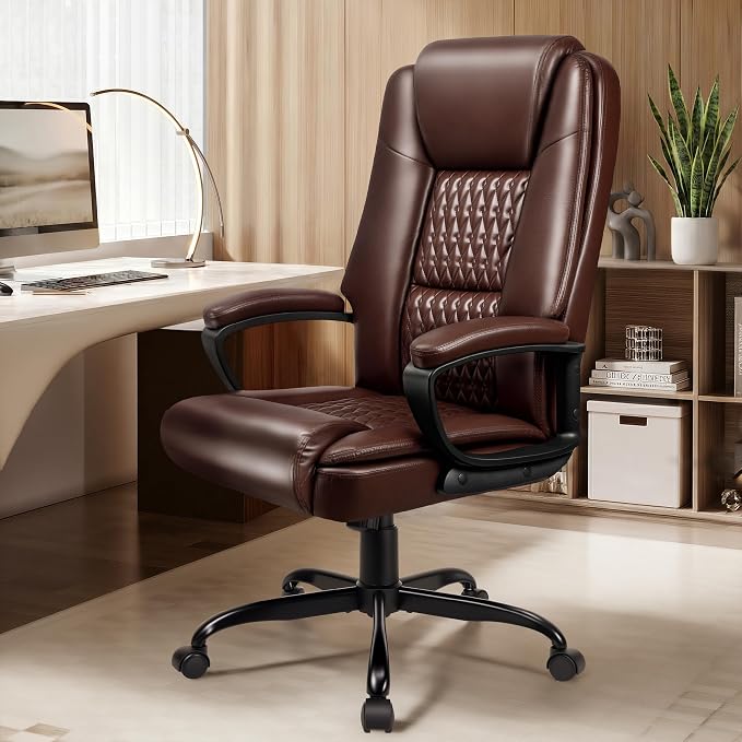 Office Chair, High Back Ergonomic Home Office Desk Chairs with Lumbar Support, Adjustable Big and Tall Computer Chair, 360° Swivel, PU Leather, Brown