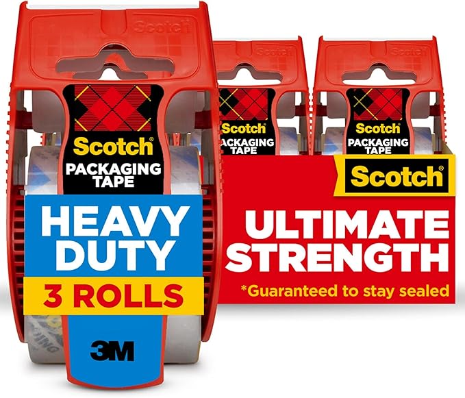 Scotch Heavy Duty Shipping Packing Tape, Clear, Shipping and Packaging Supplies, 1.88 in. x 22.2 yd., 3 Tape Rolls with Dispensers