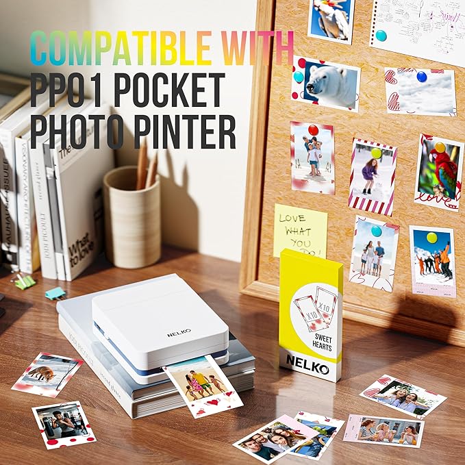 Nelko 52.3x90mm (2.06"x3.54") Premium Photo Paper, 20-Pack Genuine PP01 Pocket Printer Paper, Sticky Back Picture Paper, Compatible with Nelko PP01 Photo Printer, Easy to Peel Off, Sweet Hearts