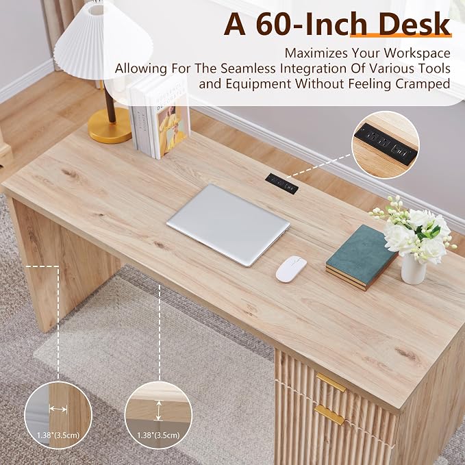60" Fluted Office Home Desk, Reversible Left‑Right Cabinet, Built‑in Outlet | Reversible design lets you fix the cabinet on left‑hand or right‑hand side to fit your room layout