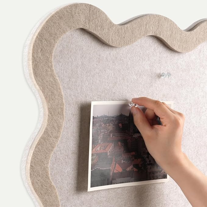 Scalloped Felt Bulletin Board, 36" x 24" Felt Cork Board Alternative for Wall, Foldable Picture Self-Adhesive Boards with Pins Hooks, Vision Boards for Photo Display School Home Office, Oatmeal