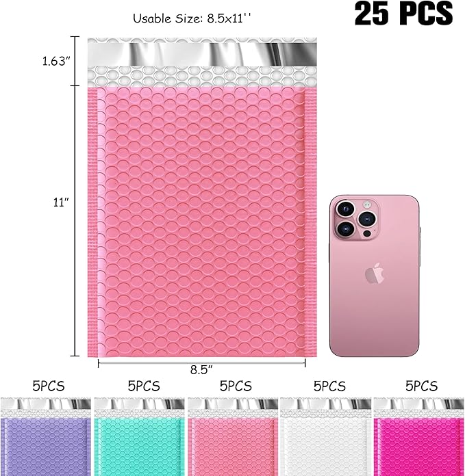 JinRuiKJ Multicolored1 Bubble Mailers 8.5x12" 25 Pack, Padded Envelopes, Cushioning Padded Shipping Envelopes for Jewelry, Makeup - Pink, White, Green, Purple, Rose Red