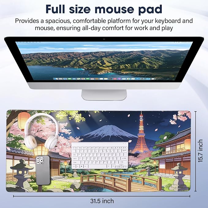 Durable Desk Pad 31.5x15.7 Inch - Thick XXL Mouse Pad, Bridge | Anti Fray Stitched Edges Natural Rubber Base Smooth Fabric Top