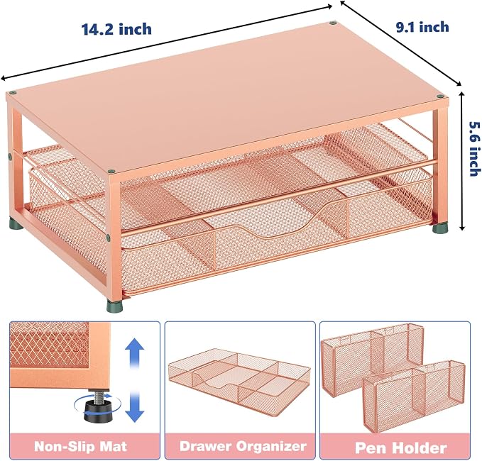 Desk Organizer and Accessories, 2-Tier Computer Monitor Stand Riser with Drawer and 2 Pen Holders, Laptop Stand, Office Desk Accessories for Office Supplies, 1 Pack, Rose