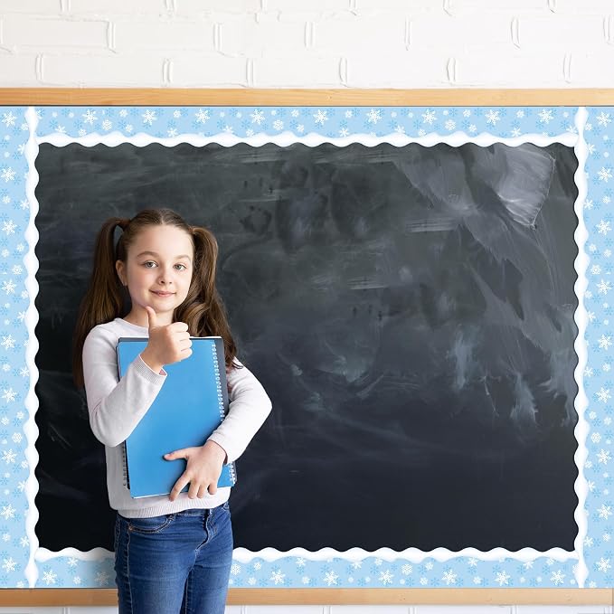 BeYumi Winter Snowflake Border Trim - 65ft Winter Snowflake Scalloped Rolled Border Trim Light Blue Christmas Bulletin Board Borders School Classroom Office Chalkboard Decor Party Decoration