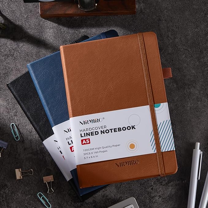 Lined Journal Notebook, A5 (5.7"x8.4"), 3 Pack 160 Pages Journaling Notebooks with Pen, for Women, Men, Work, Writing, Travel, Leather Hardcover, 100GSM Paper, School Office Supplies, Black Blue Brown