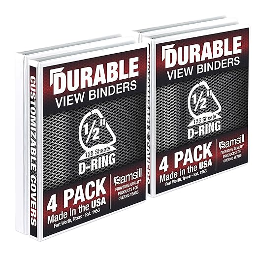 Samsill Durable 0.5 inch 3 Ring Binder, D Ring Binder, 100% Recycled Chipboard, White, 4 Pack