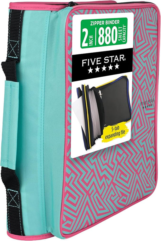 Five Star Zipper Binder 2 Inch O-Rings Case Organiser with Multi-Access and 5-Tab Expanding File Folder, 850 Sheet Capacity, Taffy Twist (290010J)