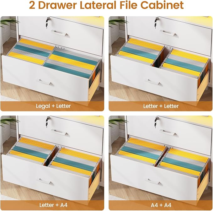 SEDETA 59" Filing Cabinet with Lock Drawers fits Legal Size for Home Office | White Lateral 2 Drawers File Cabinet with Acrylic Display Cabinet, Power Strip, Printer Stand with Storage Shelves for Office