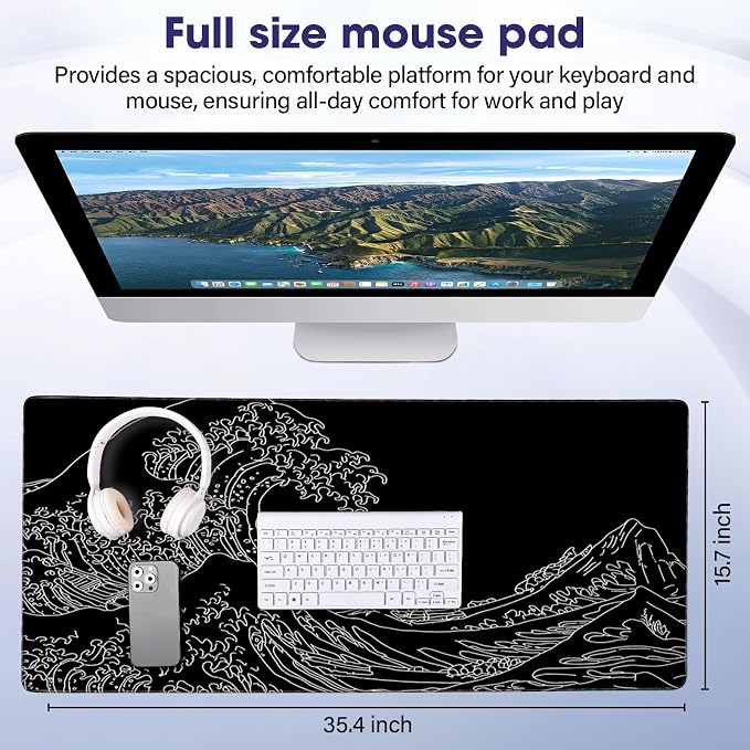 Large Extended Mouse Pad with Stitched Edges 35.4"x15.7" - Waterproof Desk Mat, Non-Slip Rubber Base for All-Desk Coverage, Perfect for Gaming Office Home, Black Wave