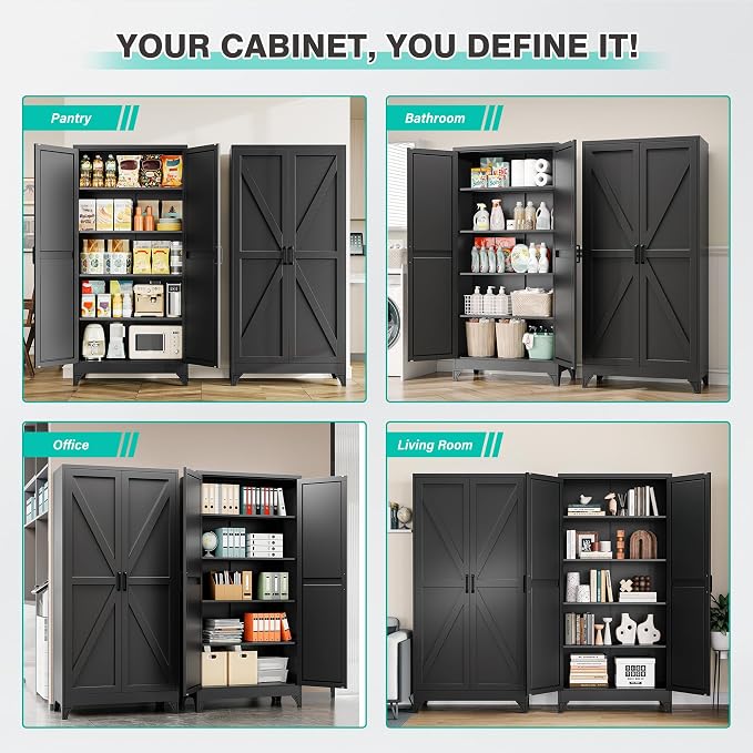 Wide & Deep Pantry Storage Cabinets with 2 Doors and 5 Shelves,Tall Storage Cabinet,Large Cupboard Closet,Farmhouse Storage Cabinet for Home,Kitchen,Dining/Living Room (Black, 72" H)