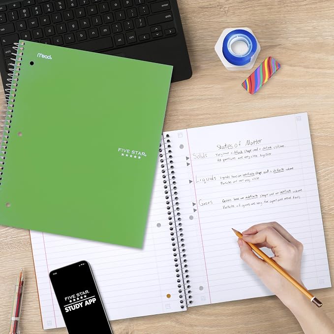 Five Star Spiral Notebook + Study App, 3 Subject, Wide Ruled Paper, 8" x 10-1/2", 150 Sheets, Fights Ink Bleed, Water Resistant Cover, Forest Green (73176)