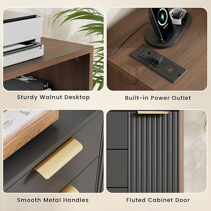 Fluted Mobile File Cabinet with Charging Station | 37" Rolling Storage Cabinet with 3 Drawers, Printer Stand with Wheels for Home Office, Black Walnut