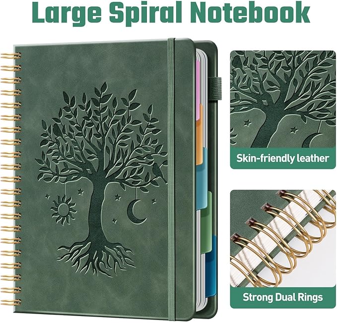 Hardcover Spiral Notebook 8.5" x 11" with 5 Removable Dividers 300 Pages Leather 5 Subject Notebook College Ruled 100GSM Large Spiral Notebooks for Work Thick Lined Journal for Women, Green