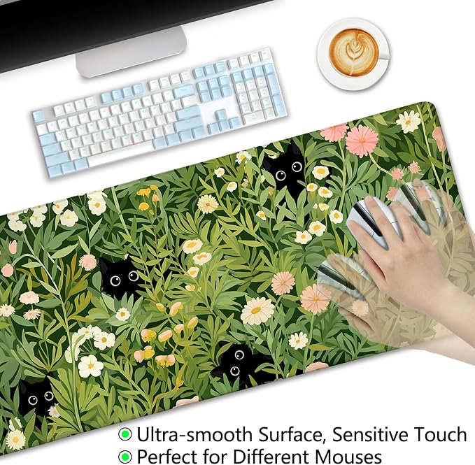 LIMKRIAN Anime Cat Mouse Pad, Green Desk Matt for Desktop, 31.5x11.8 in | Large Mouse Pads for Desk Gaming Computer Laptop, Stitched Edges, Non-Slip, Cute Green Office Desk Accessories for Women