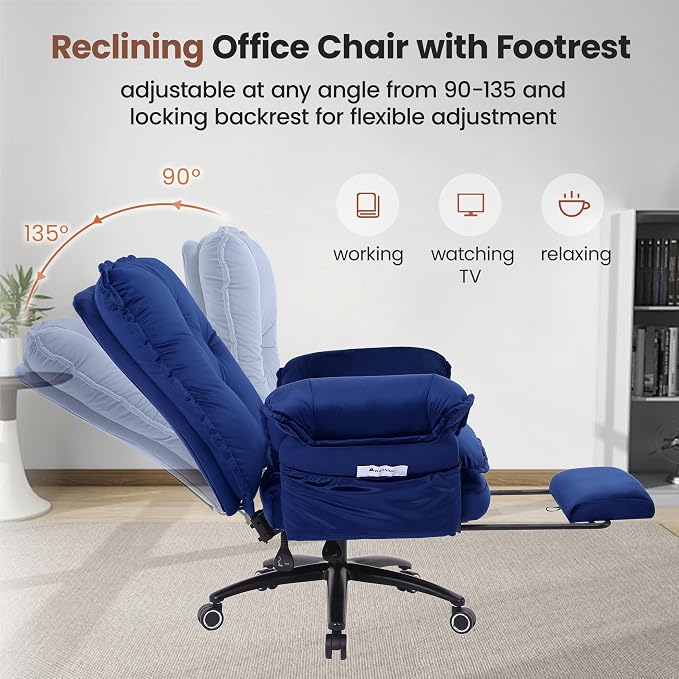 Criss Cross Office Chair with Flip Arms & Footrest, Comfy Desk Chair,Blue | Cross Legged Office Chair, Wide Seat Reclining Desk Chair with Wheels, Vanity Chair with Pocket Spring Seat and Side Pockets