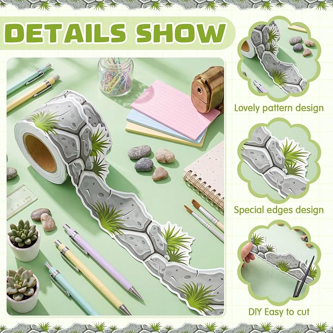 32.8 Ft Stone Bulletin Board Border Faux Rock Scalloped Trim | Rock Pattern with Plant Accents, Scalloped Edge Paper Border Strips, Office Party Fiesta Theme Decorations