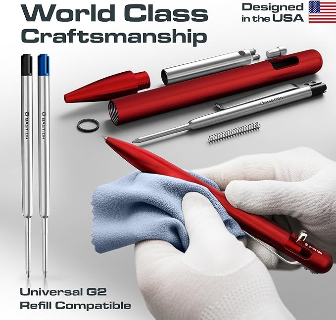 BASTION Aluminum Bolt Action Pen with Gift Case - Luxury Executive Retractable Lightweight Metal Ink Refillable Office Pocket EDC Fine Point Writing Ballpoint for Men & Women (Red)