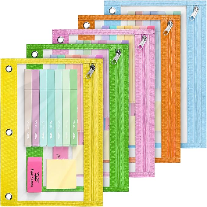 Mr. Pen- Pencil Pouch for 3 Ring Binder, 5 Pack, 10"x7", Smooth Zipper | Clear Window, Large Capacity Pencil Case with 3 Reinforced Grommets for School, Office, Supplies Storage | Clear Window, Large Capacity Pencil Case with 3 Reinforced Grommets for ...