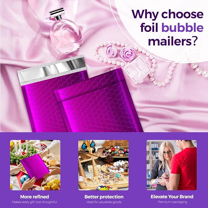 Fuxury Foil Bubble Mailers 6x10" 50 Pack,Sturdy Padded Envelopes Usable Size 6x9",Strong Adhesion Bubble Shipping Envelopes,Thick Opaque Shipping Bags for Mailing Jewelry Makeup Gift Small Item Purple