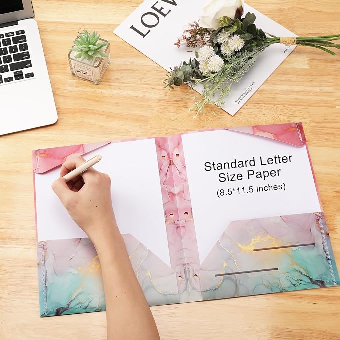 Ddaowanx 4 pcs Plastic Folders with Pockets,3 Hole Punched Folders | Heavy Duty Binder Folder for 3 Ring Binder,Cute Marble Colors 2-Pocket Folders for Documents,Back to School Supplies