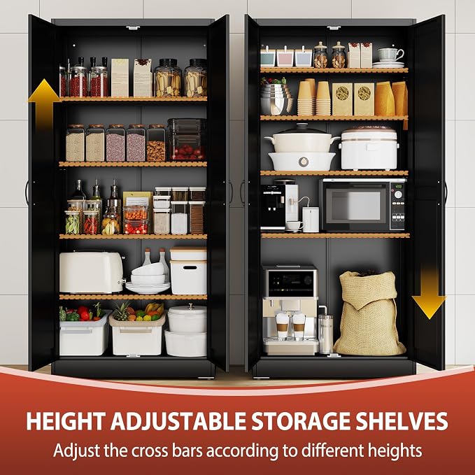 PAOFIN 71" Black Metal Storage Pantry Cabinet | Tall Kitchen Pantry Storage Cabinets with 2 Doors and 4 Adjustable Shelves, Cupboard for Home,Kitchen,Dining/Living Room