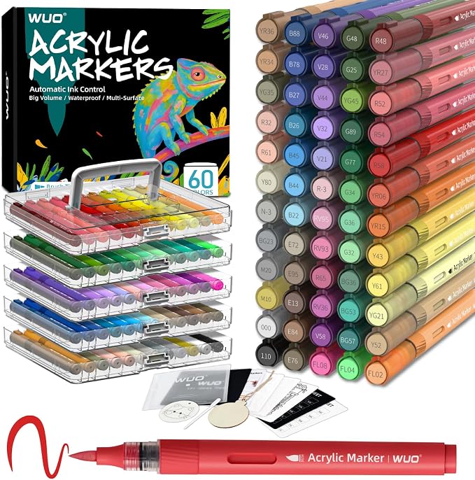 WUO 60 Colors Acrylic Paint Markers Brush Tip with Automatic Ink Control | Water-based, no-bleed, waterproof acrylic paint pens for rock, wood, canvas, glass, ceramic, fabric and DIY crafts