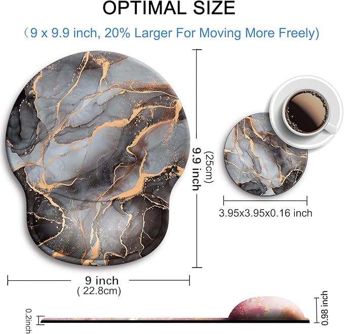 Ergonomic Mouse Pad with Wrist Support Rest,Large Mousepad Gel Wrist Rest, with Coaster Non-Slip & Pain Relief for Computer, Desk, Home&Office-Black Golden Marble