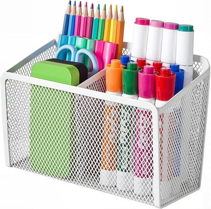 BEYGORM Magnetic Dry Erase Marker Holder for Whiteboard, Locker Organizer | Mesh Non-slip Pen & Pencil Holder for Refrigerator, Basket for Classroom, School &Office (White, 1-Pack)