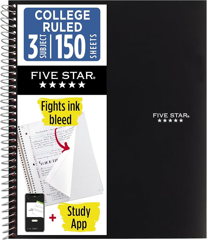 Five Star Spiral Notebook + Study App, 3 Subject, College Ruled Paper, Fights Ink Bleed, Water Resistant Cover, 8-1/2" x 11", 150 Sheets, Black (72069)