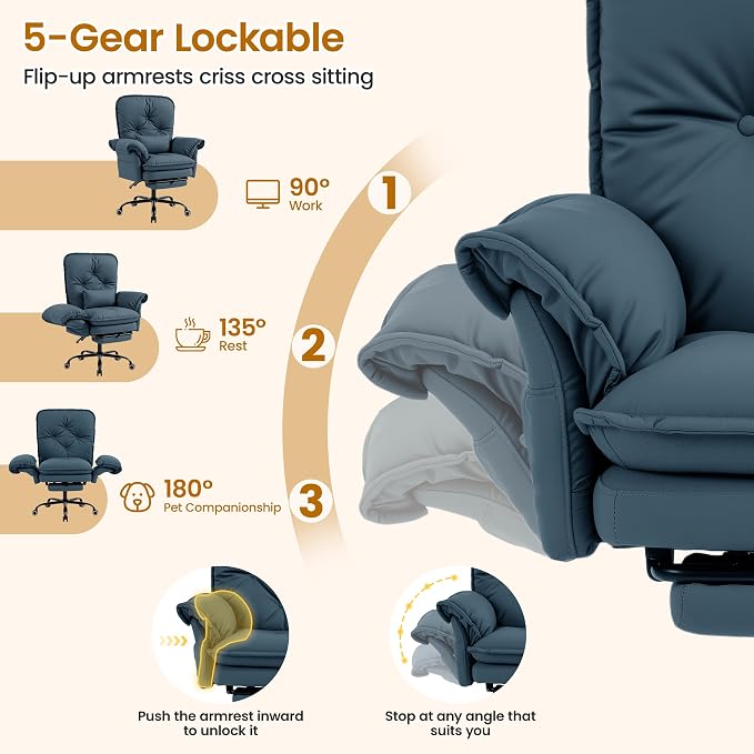 Criss Cross Office Chair with Flip Arms & Footrest, Comfy Desk Chair,Blue | Cross Legged Office Chair, Wide Seat Reclining Desk Chair with Wheels, Vanity Chair with Pocket Spring Seat and Side Pockets