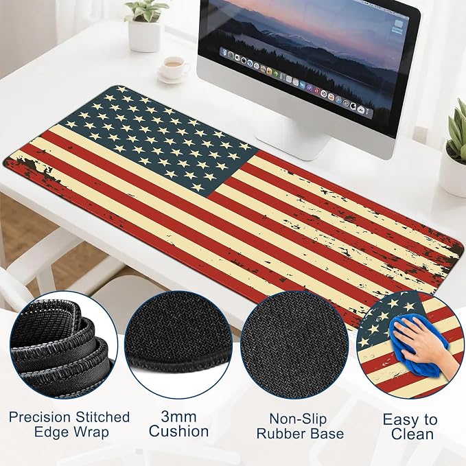 Gaming Desk Mat with Silky Smooth Surface & Exquisite Patterns,31.5x11.8 Inches Large-Sized Mouse Pad, Perfect for Extended Gaming,Work,and Home Office Decor (American Flag 2)