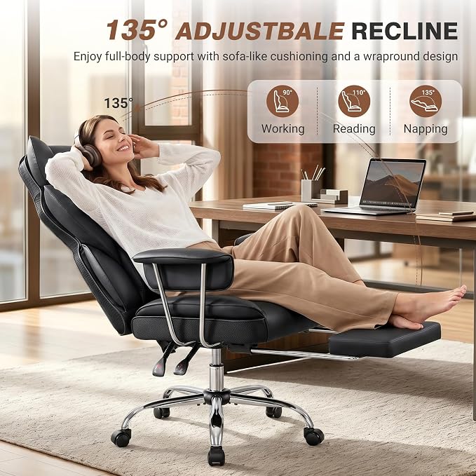 ALLGOD Big and Tall Office Chair 400LBS, Executive Ergonomic Leather Chair with Footrest, Wide Seat Gaming Office Chair with Pocket Spring Cushion, Reclining High Back Computer Desk Chair, Black