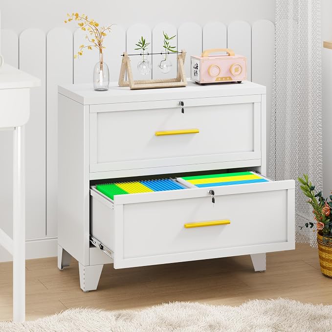 2 Drawer File Cabinet with Lock, Wide Metal Cabinet for Home Office | Independent drawer locks, Fits letter-size hanging folders, Steel finish for quick cleanup, Adjustable legs