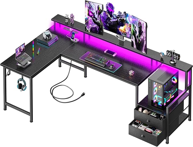Korfile 66'' L Shaped Gaming Desk with Storage Drawers, Power Outlets, LED | Large Reversible Computer Desk for Multiple Monitors, Black Corner with CPU Stand for Gaming, Work, Home Office, Bedroom