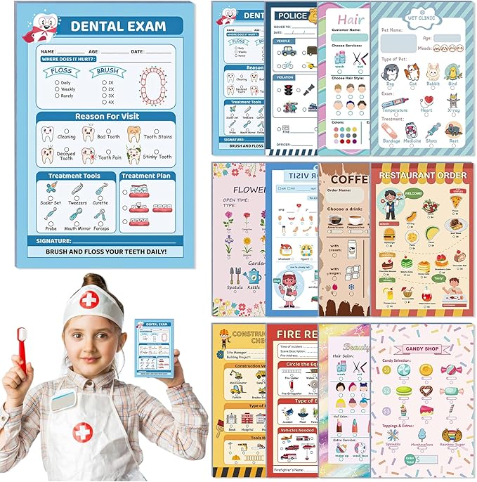 SHIQIKEJIPTY Kids Pretend Play Notepads 4X6 In Pretend Play Notebooks Playtime Notepads Variety Role Play Game Accessories Pages Each for Kids Toddlers 3-5(12,12 Different Theme)