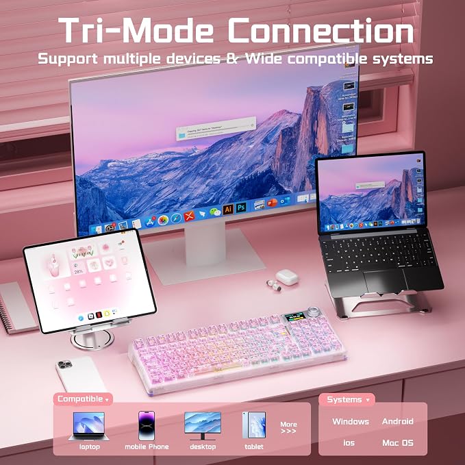 Aula F98Pro V3 Wireless Mechanical Gaming Clear Keyboard with Screen & Knob | Triple-Mode Hot Swappable, Gasket Mount Linear Switches, Clear Keycaps RGB Backlit, TFT Screen 10000mAh Battery for PC/Office