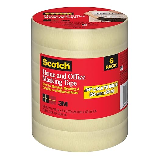 Scotch Masking Tape, 6 Rolls, 0.94 in x 54.6 yd, Great for Everyday Use, Strong Adhesive, Tan Masking Tape (3437-6)