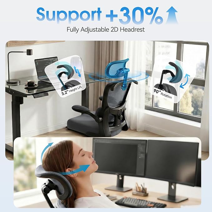 Office Chair Ergonomic Desk Chairs with Adjustable Lumbar Support& Headrest Hanger, High Back Breathable Mesh Chair with Wheels, Rolling Swivel Comfy Task Computer Chair for Home Work Gaming