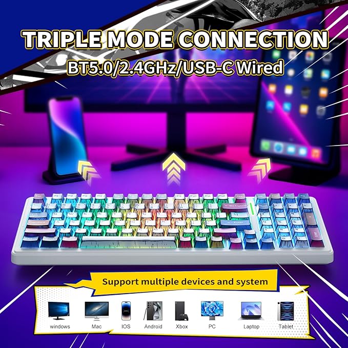 Aula F99 Wireless Mechanical Keyboard Creamy Computer Gaming Keyboards | 8000mAh Rechargeable,Hot Swappable Custom,RGB Backlit,Tri-Mode BT5.0/2.4GHz/USB-C,Pre-lubed Linear Switches,Gasket Structure