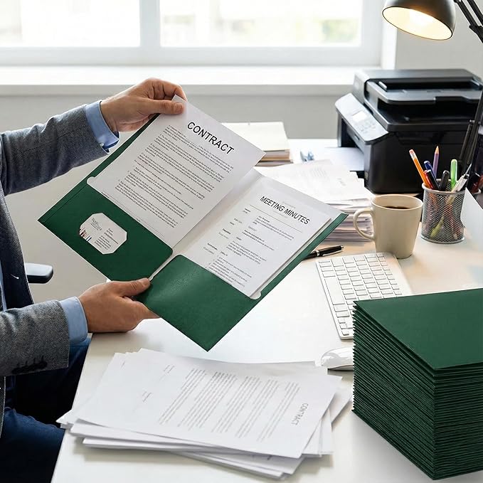 Zzrywuty File Folders with Pockets Letter Size,25-Pack Paper Folders with Card Slot,Green Two Pocket Folders for School Students,Businessmen,Home and Office Workers