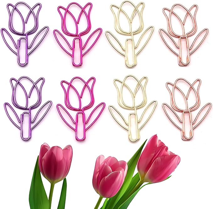 40 Pcs Metal Flower Paper Clips Set, Cute Large Decorative Paperclips for File Organization, School, Home Office and Wedding Decor 4 Colors(TULIPFLOWER)