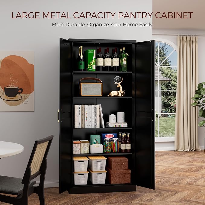 71" Tall Metal Kitchen Pantry Cabinet, Storage Cabinet with Doors | Kitchen Cabinet with 4 Adjustable Shelves, Food Pantry Cabinet, Cupboard for Kitchen, Dining Room, Garage, Office & School