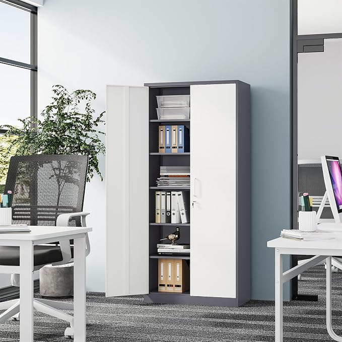 Fesbos Metal Cabinet Steel Storage Cabinet - 71” Tall Steel File Cabinets with Lockable Doors and 5 Adjustable Shelves Gray&White Storage Cabinets for Home, School, Office, Garage
