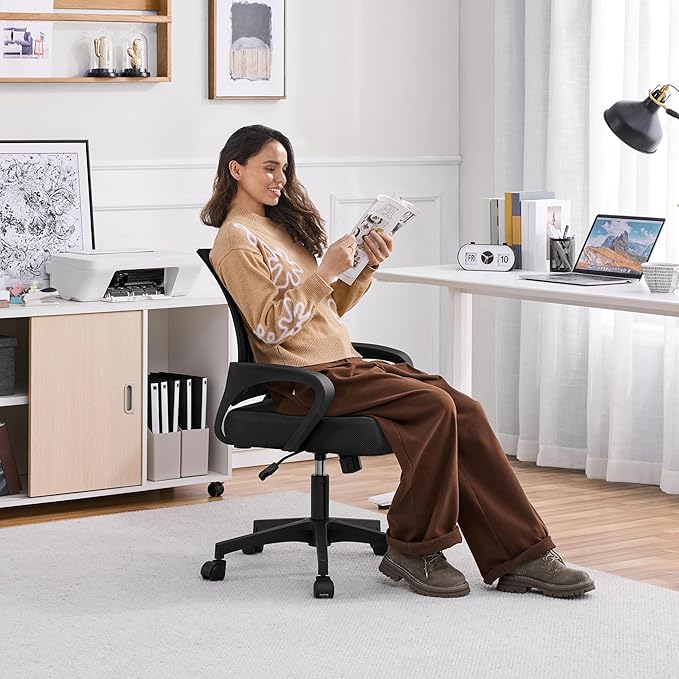 Yaheetech Mid-Back Mesh Office Chair Adjustable Ergonomic Computer Task Chair Swivel Rolling with Lumbar Support Armrest for Home Office Work Study, Black