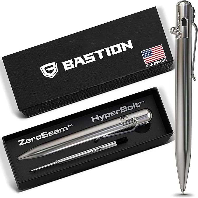 BASTION Luxury Executive Bolt-Action Ballpoint Pen for Men & Women | Ink Refillable Retractable Office Business Writing Pen | Glass Breaker Metal Self-Defense EDC (Stainless Steel)