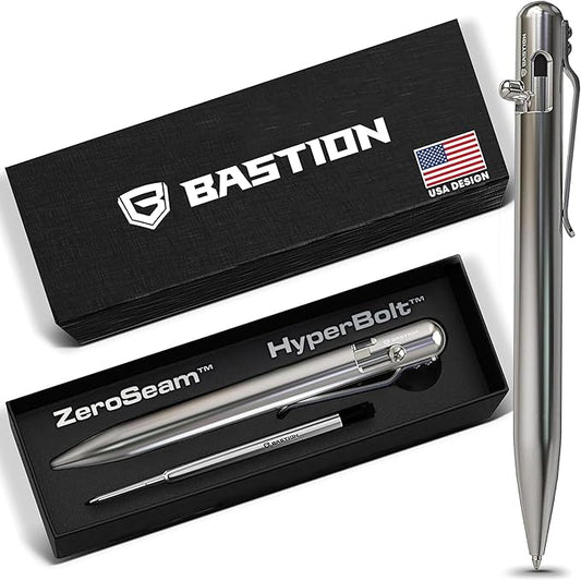BASTION Luxury Executive Bolt-Action Ballpoint Pen for Men & Women | Ink Refillable Retractable Office Business Writing Pen | Glass Breaker Metal Self-Defense EDC (Stainless Steel)