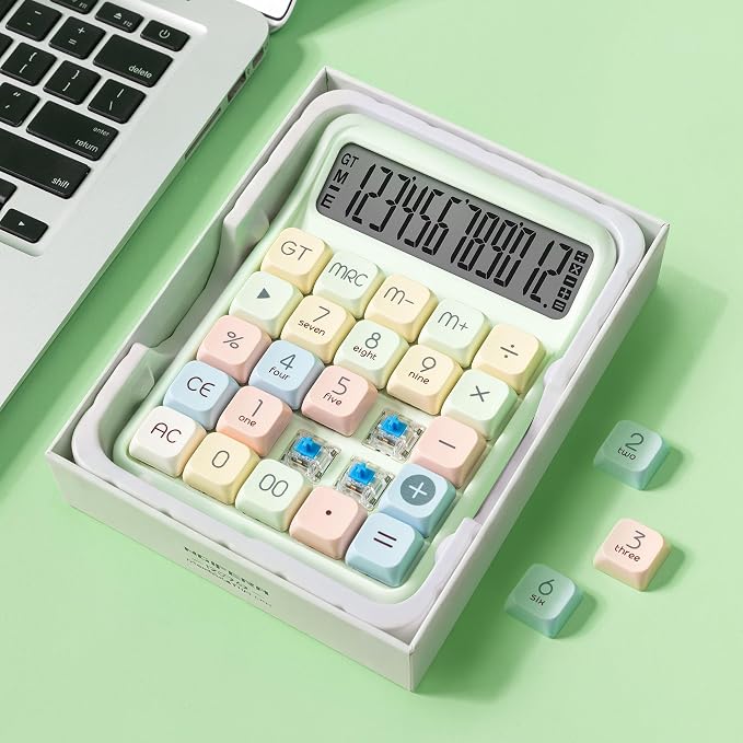 Desk Calculator, 12 Digit Large LCD Display, Big Buttons, Ergonomic 15° Tilt, Real Mechanical Keypad, Gift Box Desktop Calculator for Office and Study (Mint Green)