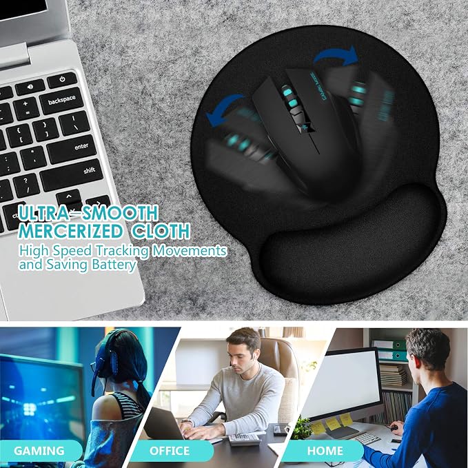 TONOS Ergonomic Mouse Pad, Comfortable Mousepad with Memory Foam Wrist Rest Support. Black Mouse Pad with Smooth Surface & Non-Slip Rubber Base for Computer, Laptop, Office and Home